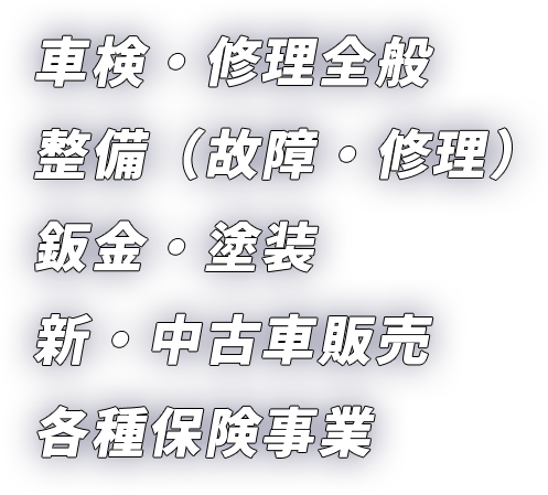 車検・修理全般、整備（故障・修理）、板金塗装、新・中古車販売、各種保険事業